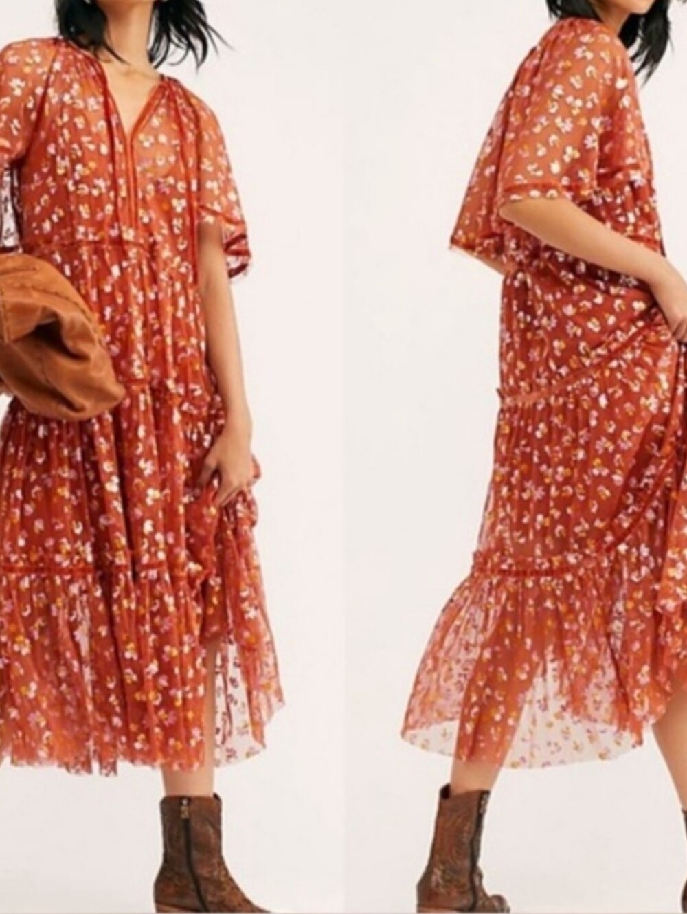 Free People Midi Sheer Dress Size M Rust Floral Tiered Missing Slip